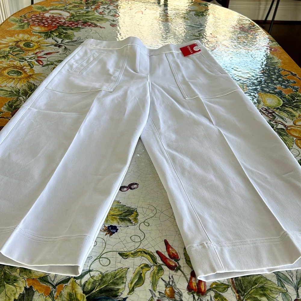 Spanx Wide Leg Cropped Pants Large Petite PS Stretch Pull On Classic White